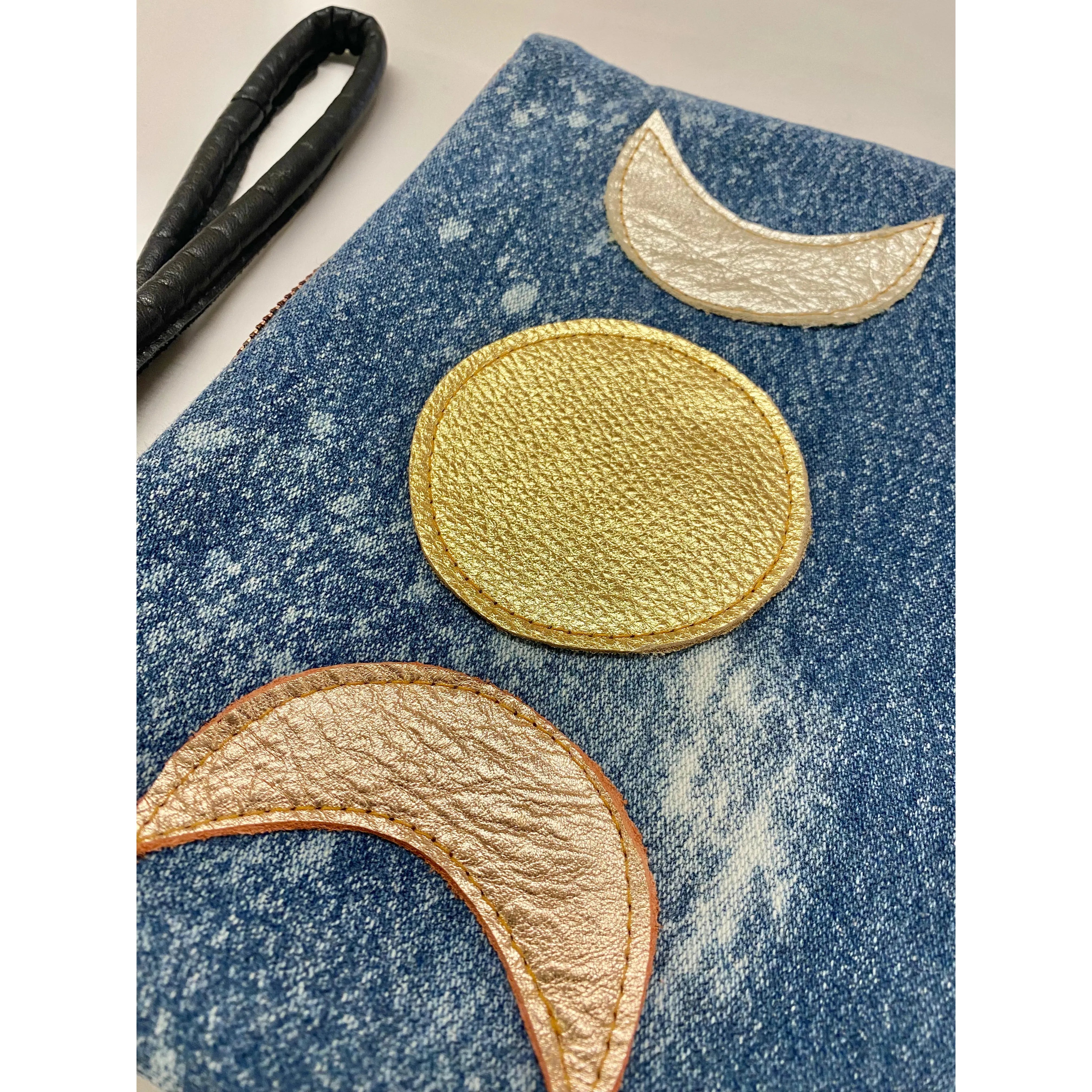 Abundance Denim Clutch - Metallic Moons